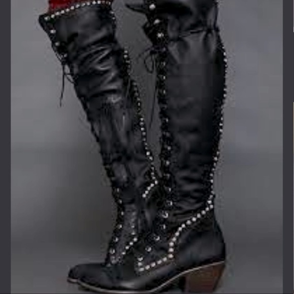 Jeffrey Campbell for Free People Joe Over the knee studded lace up boot.